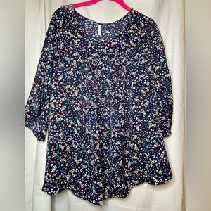 NWT Netsmile Navy Red &White Floral 3/4 Long Sleeve Tunic Flowy Blouse Size M